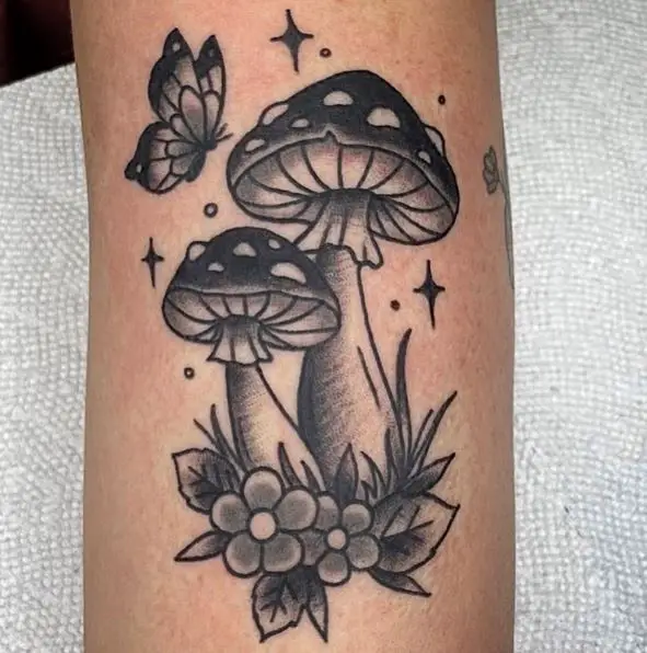 Mushroom Tattoo with Butterfly and Flowers