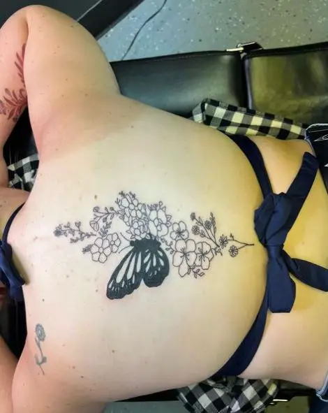 Butterfly and Flowers Spine Tattoo