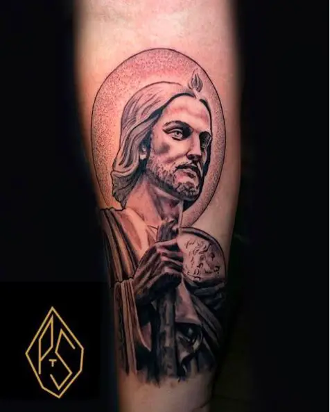 San Judas with Red Halo Arm Tattoo