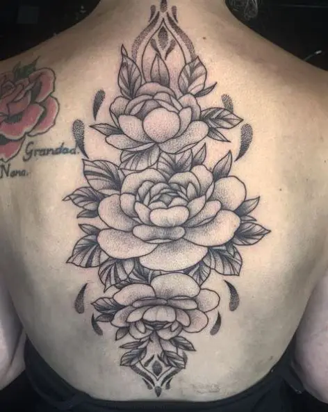 Grey Flowers with Leaves Spine Tattoo