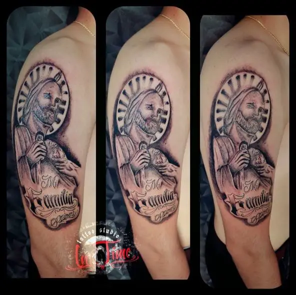 San Judas with Big Halo Arm Tattoo