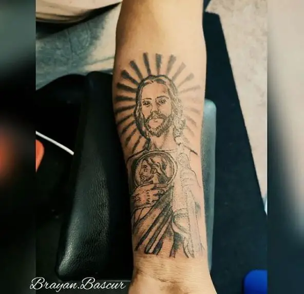 Grey San Judas Forearm Tattoo