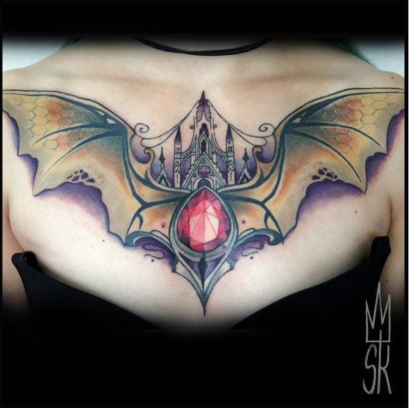 Gold Bat with Red Jewel Back Tattoo
