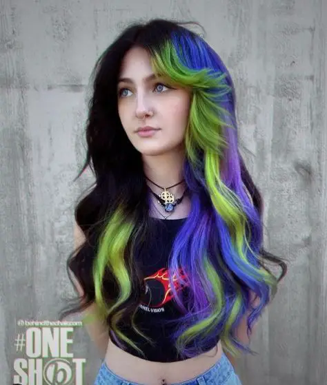 Black Hair with Emo Green, Blue, and Purple