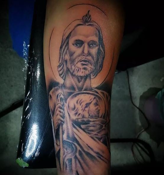 Grey San Judas Arm Tattoo