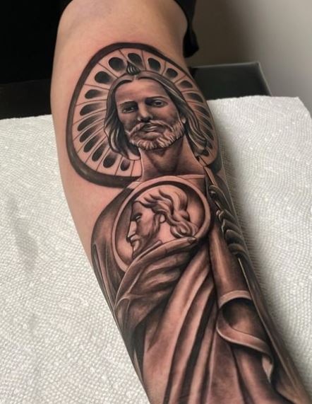 Realistic San Judas Arm Tattoo