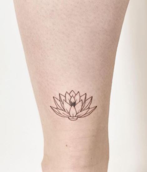 Black Line-Work Minimalistic Water Lily Ankle Tattoo