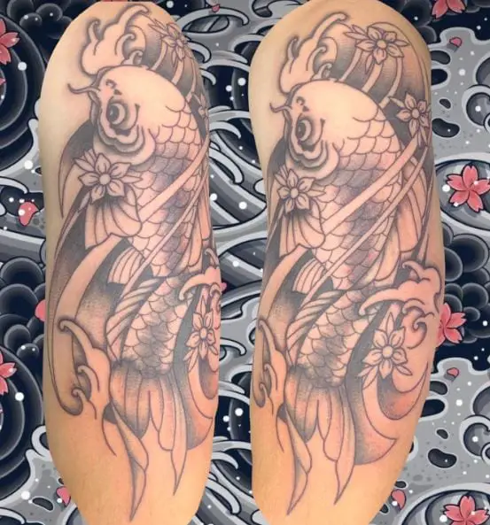 Grey Flowers and Koi Fish Tattoo