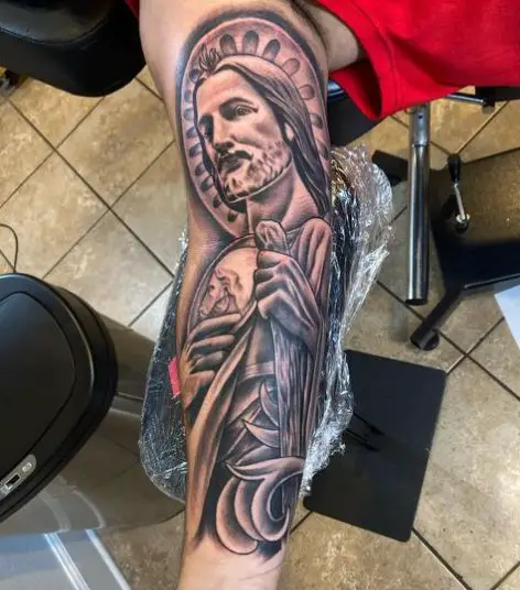 San Judas Arm Sleeve Tattoo