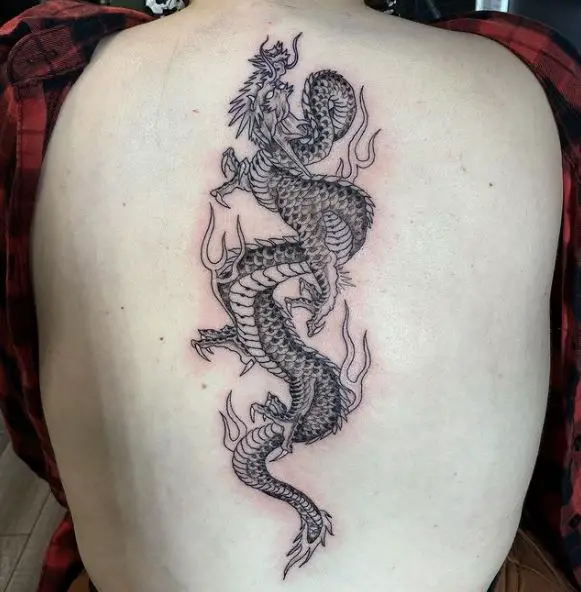 Grey Shaded Dragon Spine Tattoo