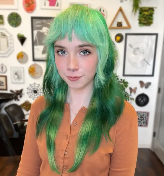 Mint and Leaf Green Bangs on Green Hair