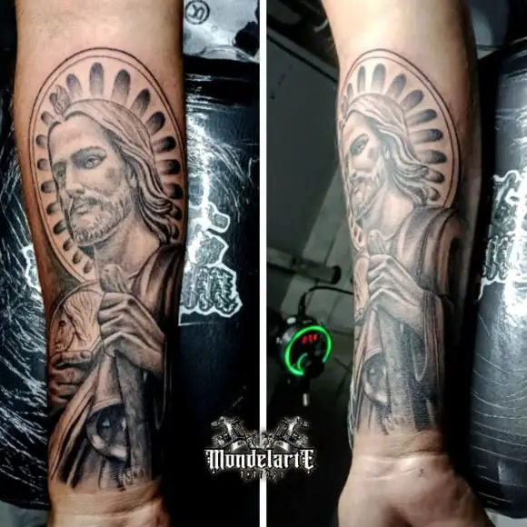 Black Shaded San Judas Arm Tattoo