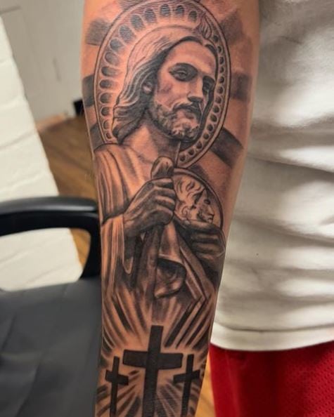 Crosses and San Judas Forearm Tattoo