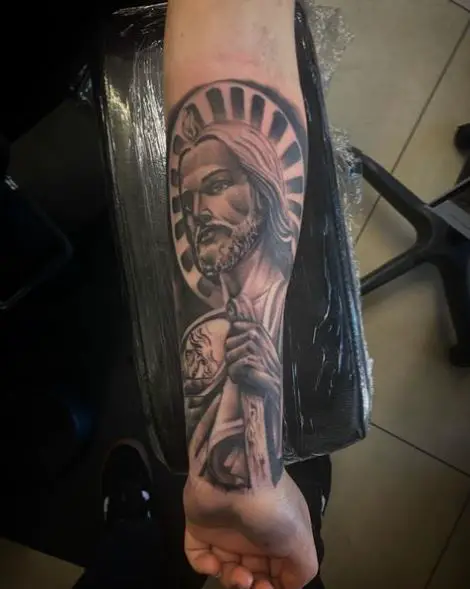 San Judas with Big Halo Arm Tattoo