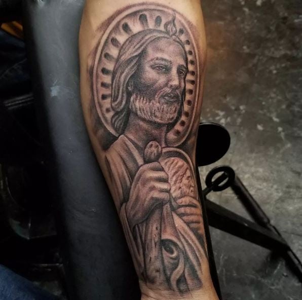 Grey San Judas Biceps Tattoo