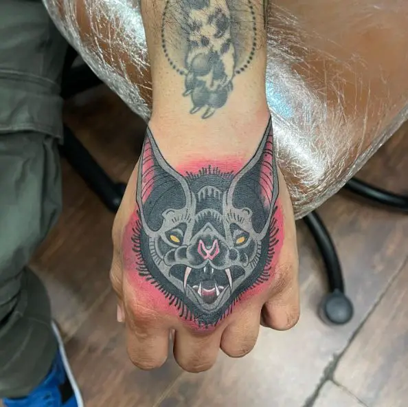 Colored Vampire Bat Hand Tattoo