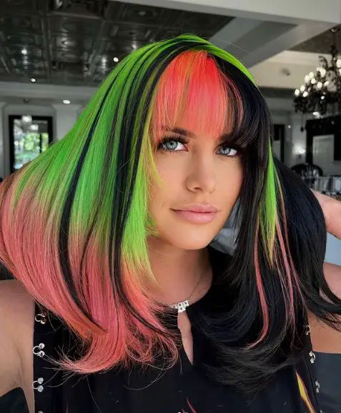 Pink and Black Bangs with Black and Green Hair