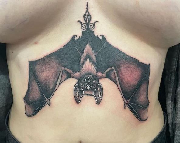 Black and Gray Hanging Bat Tattoo