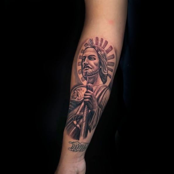 Shaded San Judas Arm Tattoo