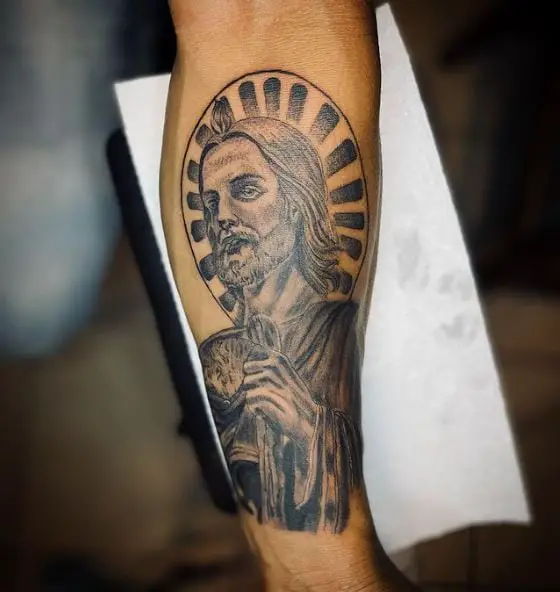 Black San Judas Arm Tattoo