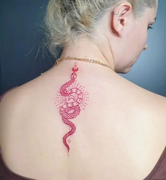 Red Half Moon and Snake Spine Tattoo