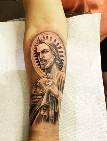 Black San Judas Forearm Tattoo