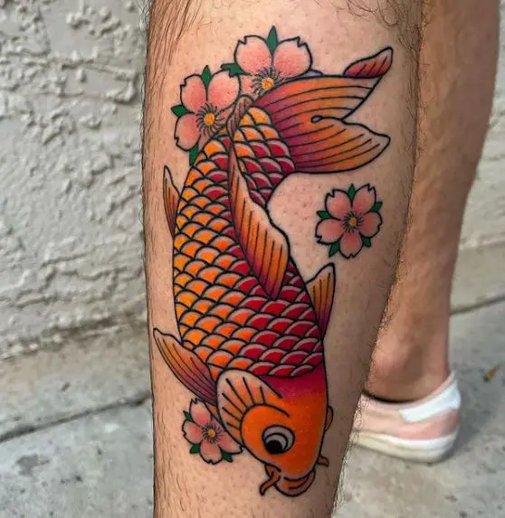 Colorful Flowers and Koi Fish Leg Tattoo
