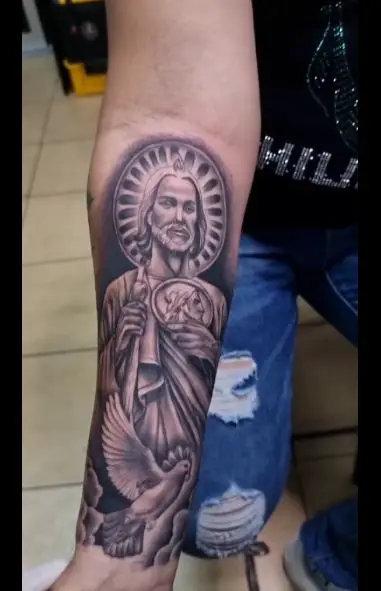 Black and Grey San Judas Arm Sleeve Tattoo