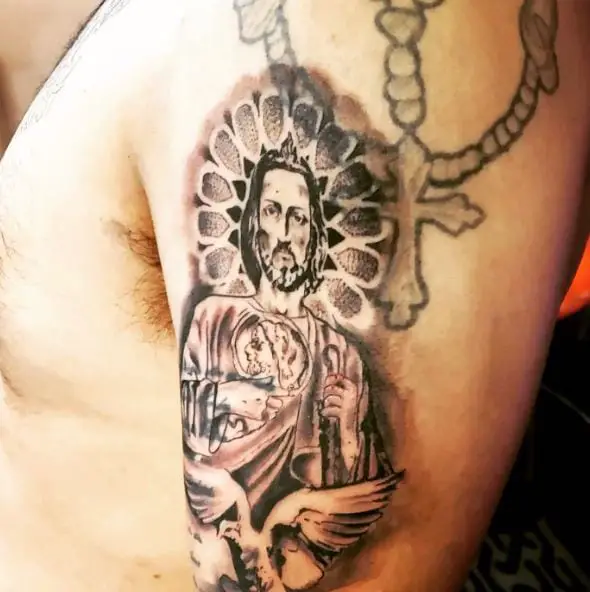Cross and San Judas Shoulder Tattoo