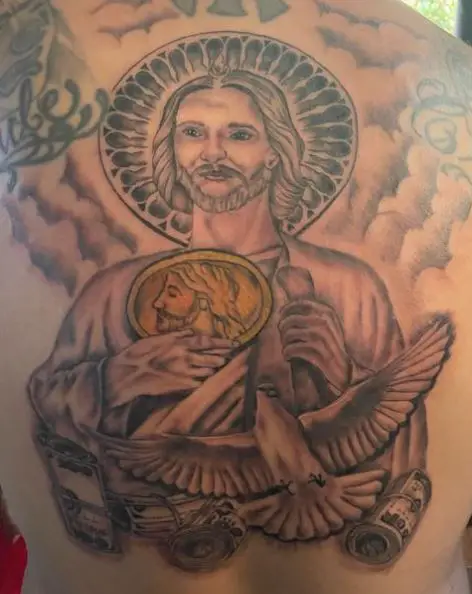 Grey Pigeon and San Judas Back Tattoo