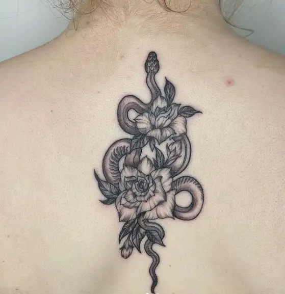 Roses and Snake Spine Tattoo