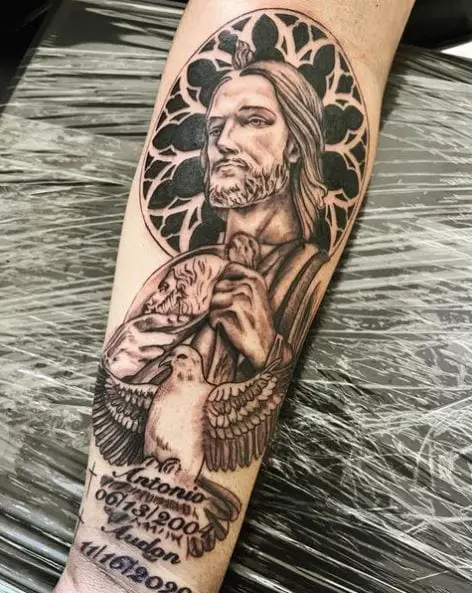 White Pigeon and San Judas Arm Tattoo