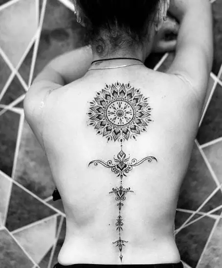 Black and Grey Mandala Spine Tattoo