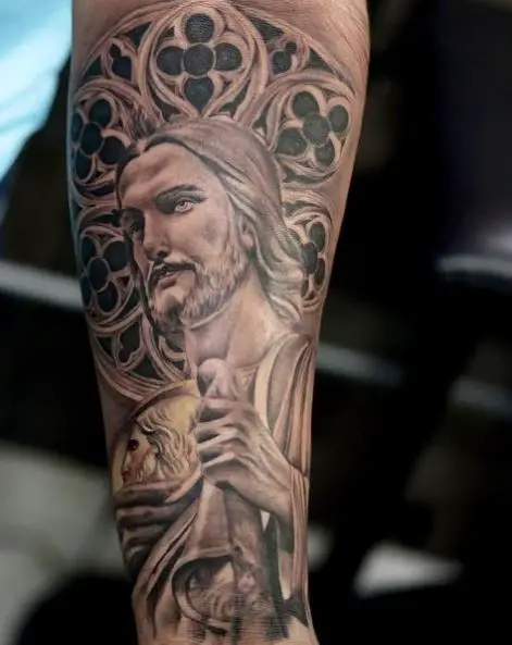 San Judas with Stained Window Halo Tattoo