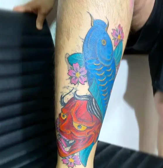 Red Devil and Blue Koi Fish Leg Tattoo