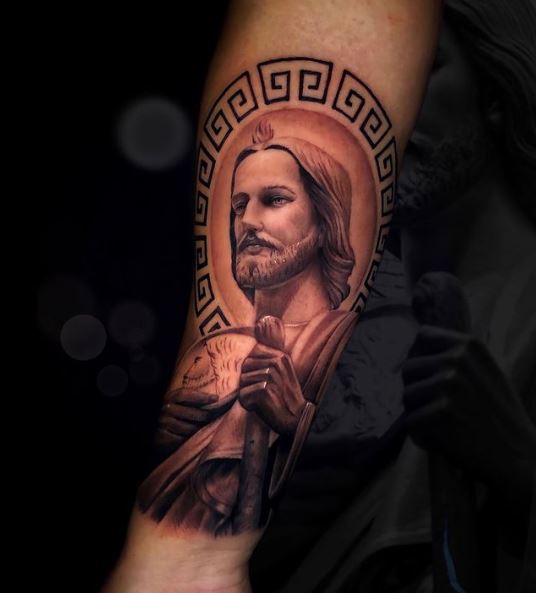 San Judas with Greek Style Halo Tattoo