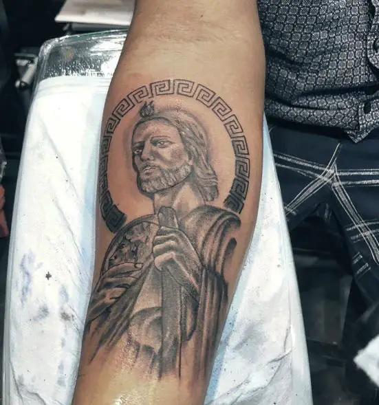 Grey San Judas Forearm Tattoo