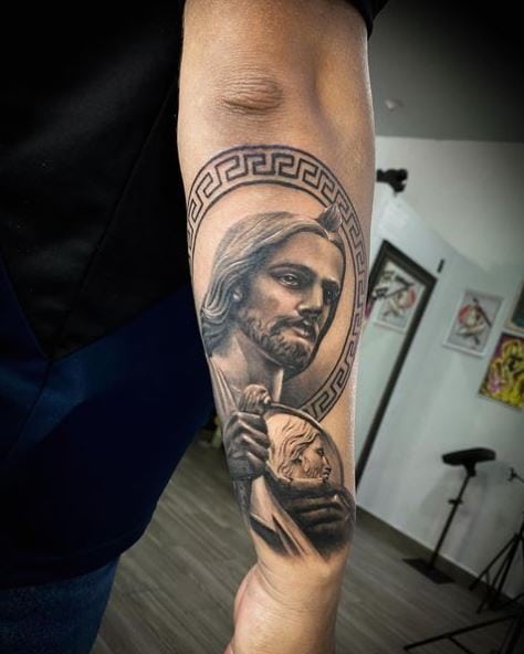 Gray San Judas Arm Tattoo
