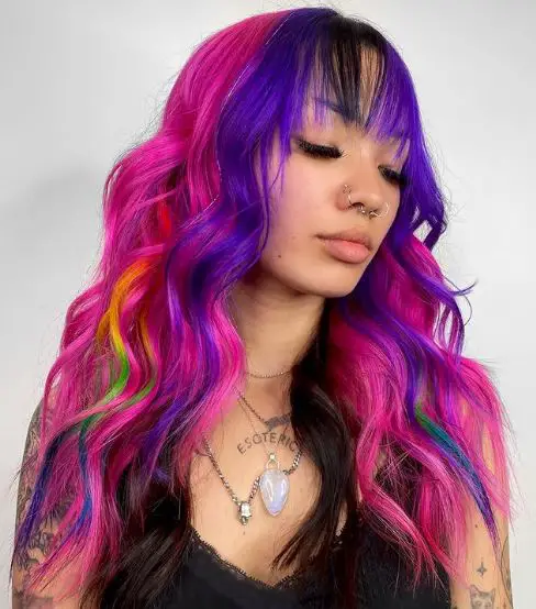 Pink Hair with Dark Purple Bangs