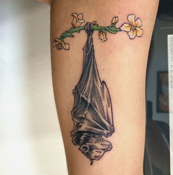 Sleeping Bat Hanging on Branch Tattoo