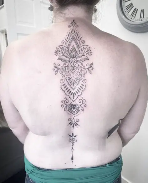 Grey Floral Ornament Spine Tattoo