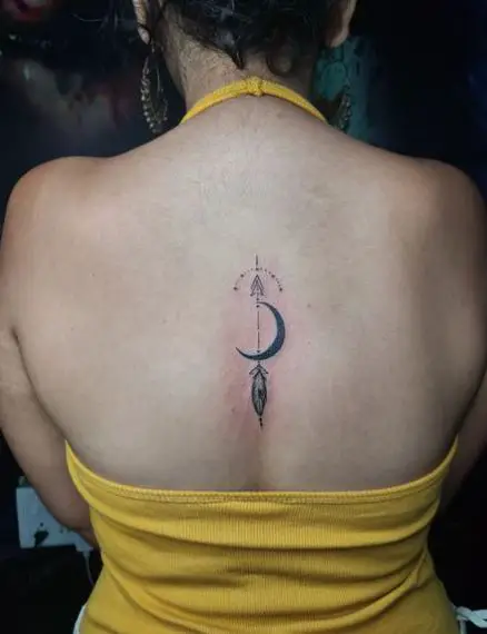 Arrow with Feather and Moon Spine Tattoo