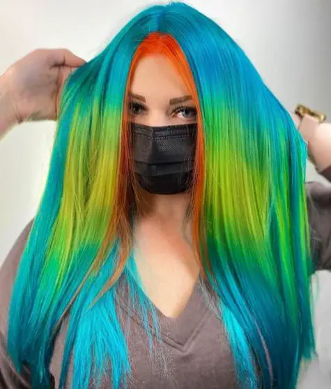 Blue and Green Hair With Orange Bangs