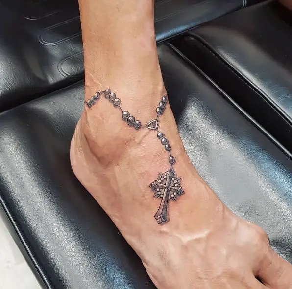 Black & White Rosary Tattoo on Ankle