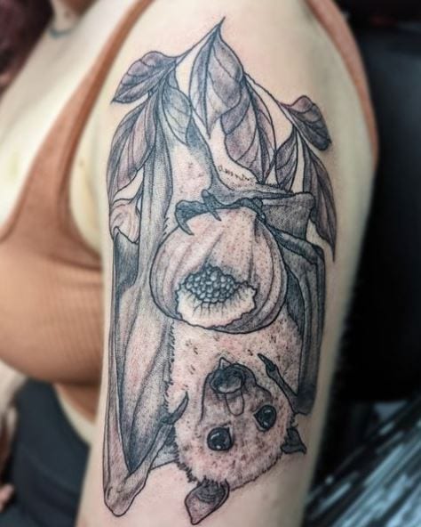 Bat Eating Figs Arm Tattoo