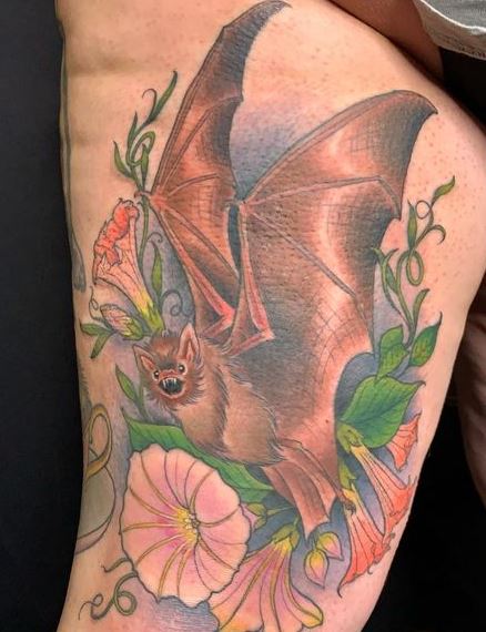 Colorful Flowers and Bat Tattoo