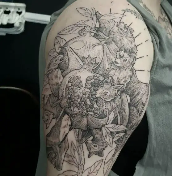 Grey Bats with Fruits Arm Tattoo