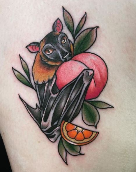 Colored Bat Eating Peach Tattoo