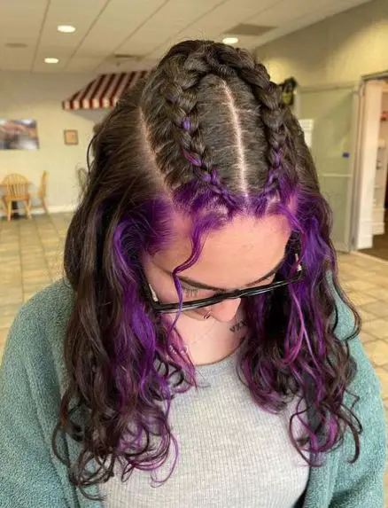 Two Strand Purple Bangs on Dark Hair