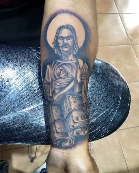 Grey San Judas with Money Forearm Tattoo